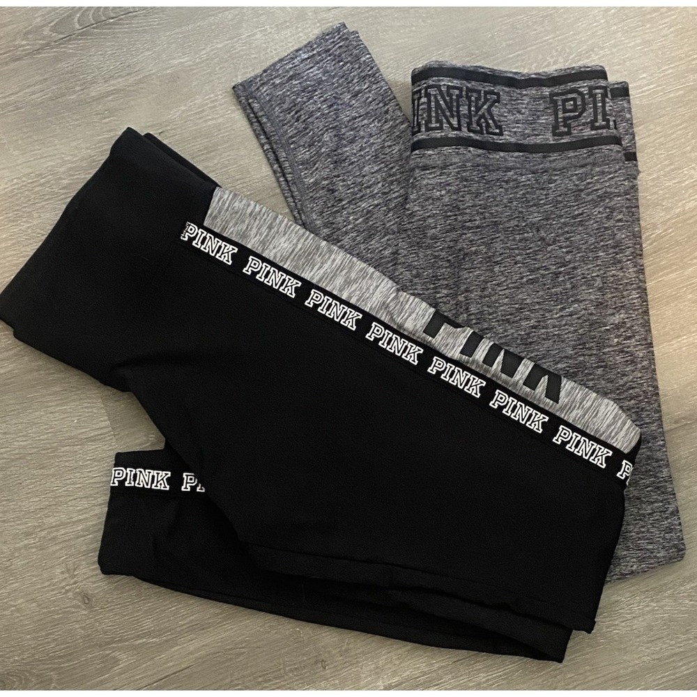 PINK Victoria's Secret Lot of 2 Size L Leggings, High Rise Ankle Yoga Black Gray